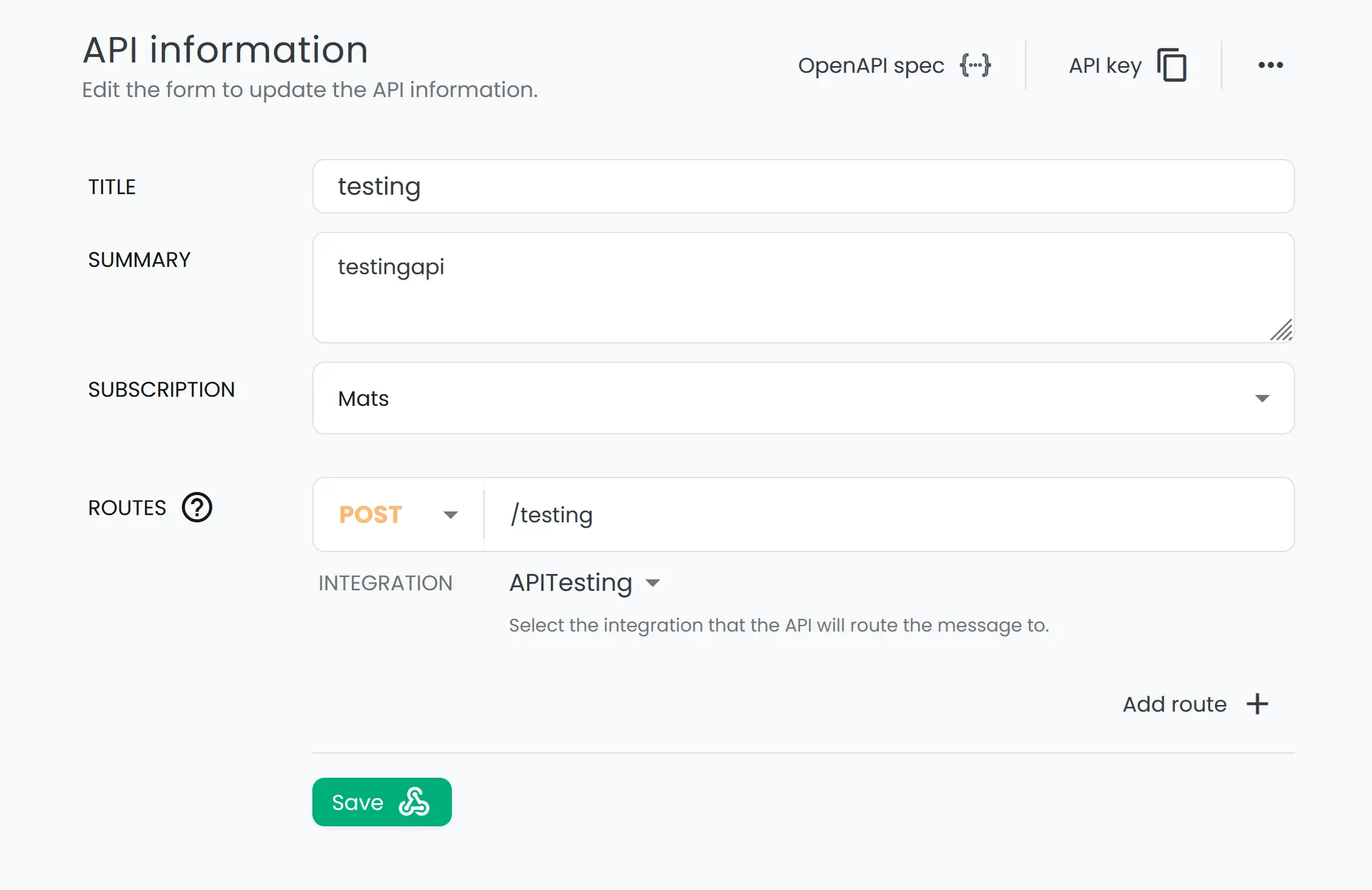 api configuration menu example